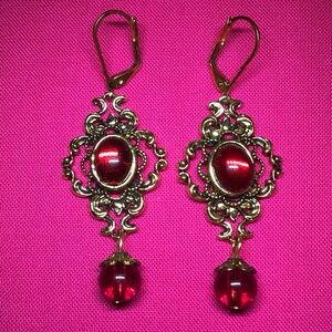 Golden Filigree with Red Faux Gemstones Drop Earrings